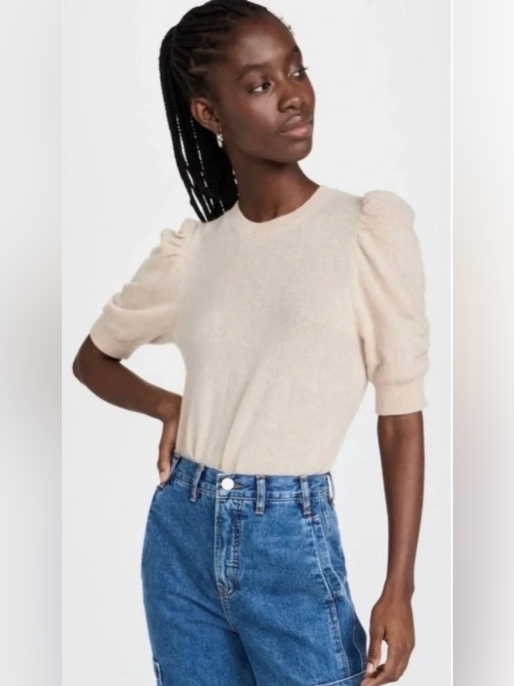 NEW FRAME Frankie Cashmere Sweater Vanilla short sleeve ruched puff sleeve med